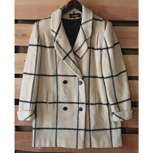 Vtg 60s Alorna Wool Coat Double Breasted Peacoat Windowpane Cream USA Union Made
